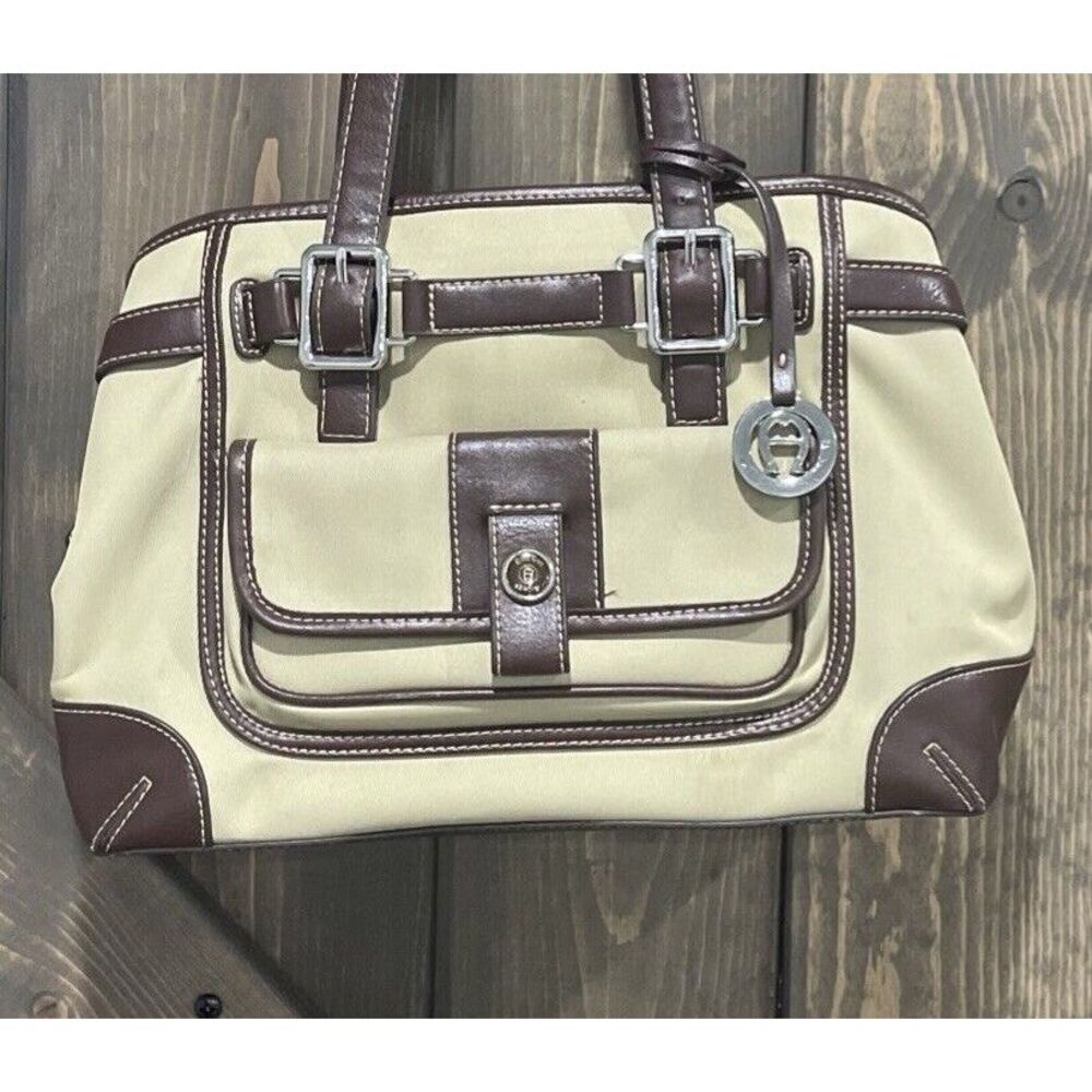 ETIENNE AIGNER EUC LARGE SATCHEL TAN‎ COLOR CANVAS BAG WITH MANMADE LEATHER TRIM